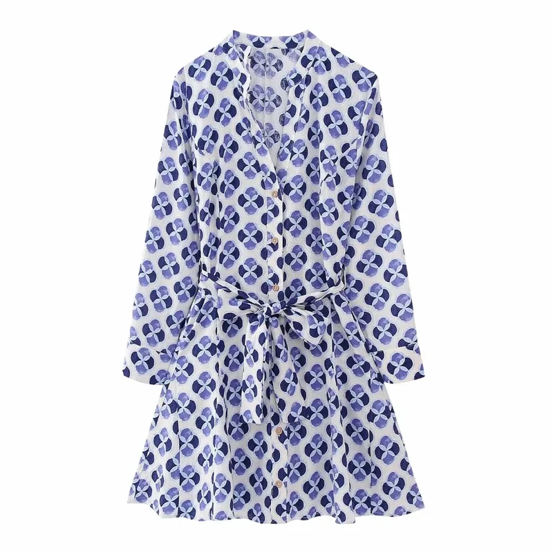 

Woman Casual Blue Print Mini Dress 2023 Spring Female A-line Sashes Linen Short Dress Ladies Vintage Loose Lacing Dresses