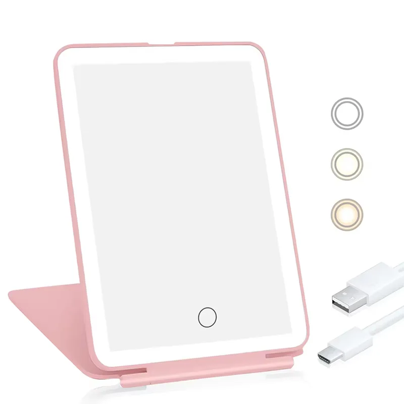 휴대용 LED 조명 조도 조절 메이크업 미러, 터치 USB 충전, 2000 mAh 배터리, 접이식 여행 미니 메이크업 미러