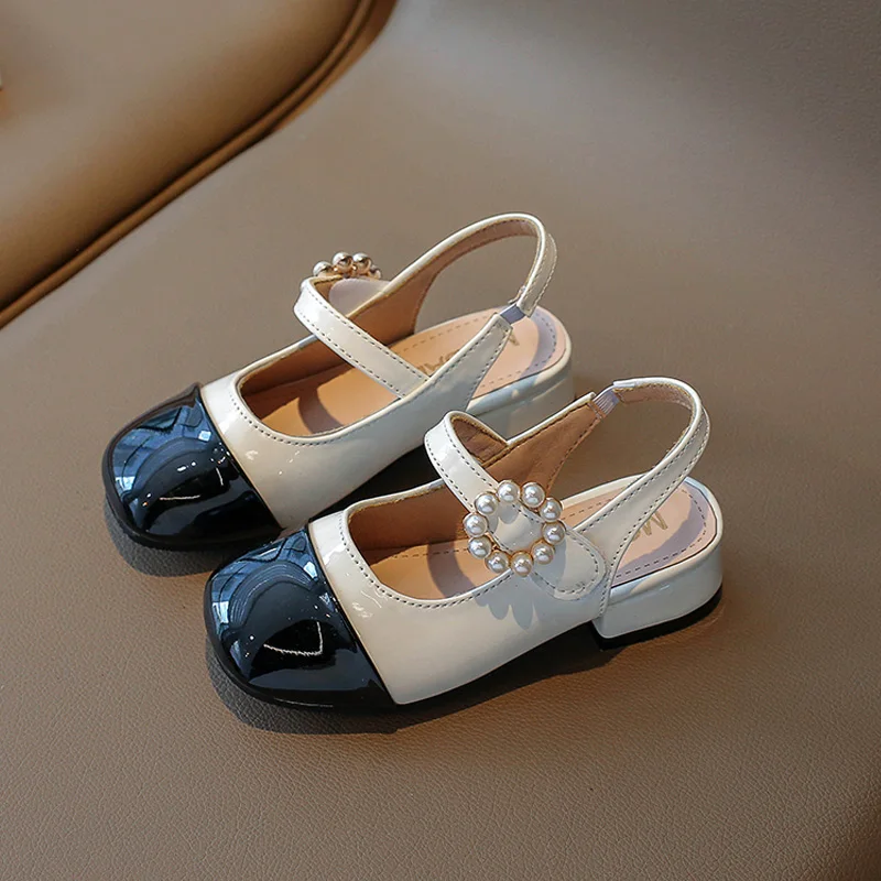 Patent Leatherette Heeled Slingback Sandals for Girl Elegant Wedding Party Shoes Kids Luxury Pearl Buckle Brand Design Sandalias 4
