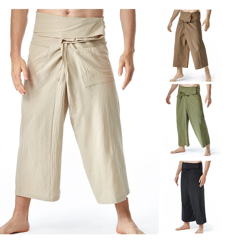 2023 Linen Summer Thai Fisherman Wrap Pants Cotton Men Women Loose Yoga Medieval Japanese Samurai Pants Unisex Kimono Trousers 4