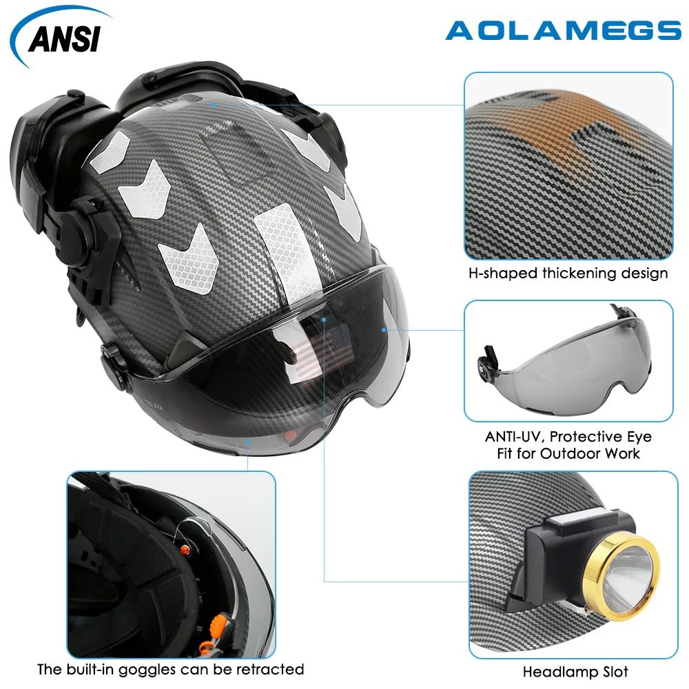 Carbon Fiber Pattern Construction Safety Helmet With Build in Visor Earmuffs Reflective Sticker ABS ANSI CE Rescue Hard Hat