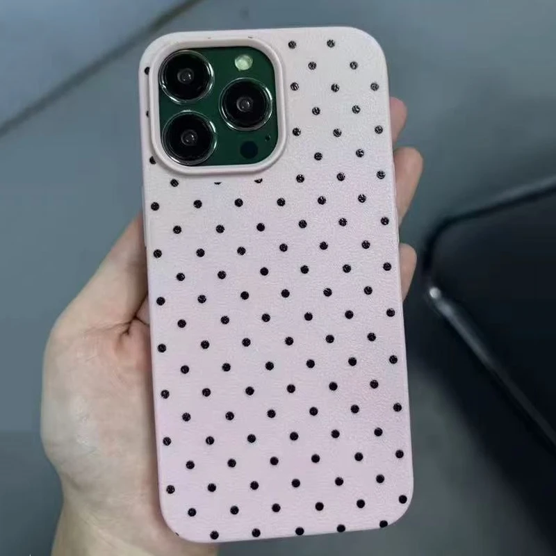 Chic Black Polka Dot Pattern Phone Case with Lychee Texture Soft Cover