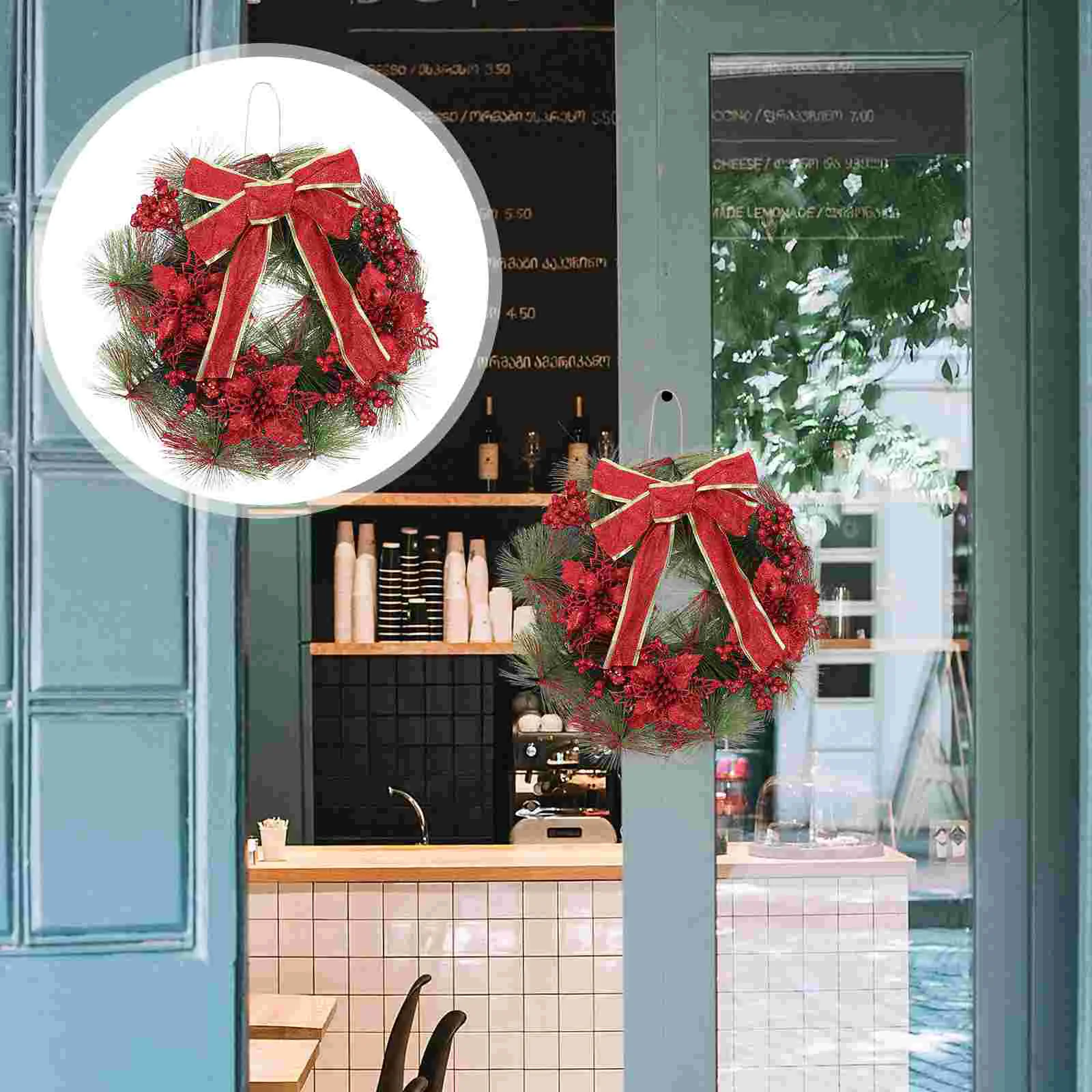 

1Pc Christmas Bowknot Circle Simulation Plastic Pine Needle Decoration Berry Wreath