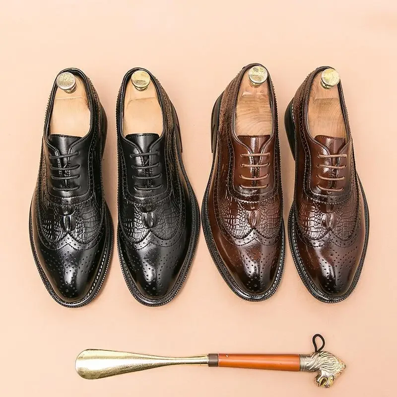 

Elegant Genuine Leather Men's Formal Wear Shoes Luxury Quality Fashion Black Pointed Toe New Derby Wedding Men's Social Shoes