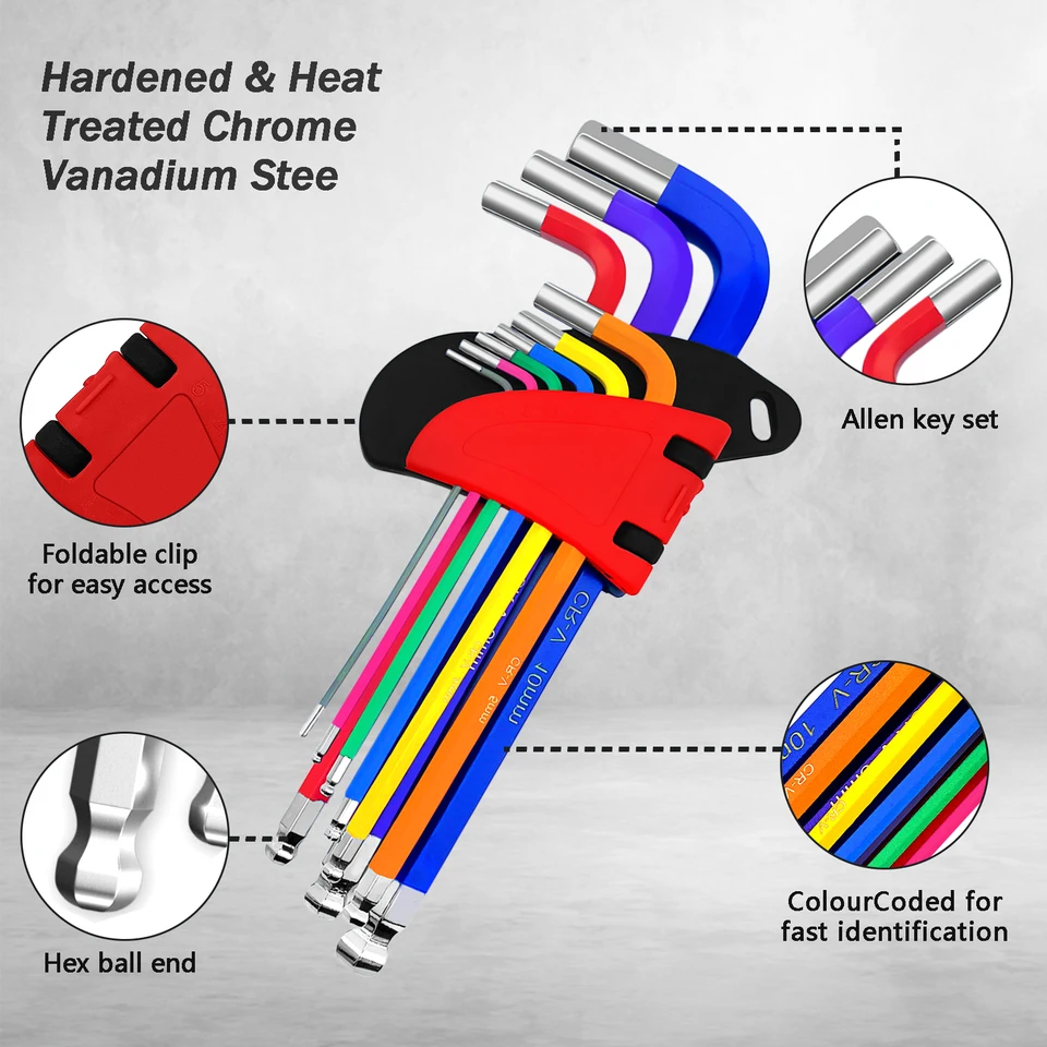 Allen Key Set Socket Folding Wrench Hex Metric 9Pcs/Set Ball End Long Wrench  Colour Coded Alan Keys 1.5mm - 10mm - AliExpress, image size:960x960