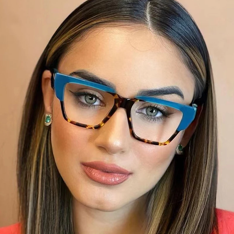 SHAUNA Fashion Colorful Polygon Cat Eye Glasses Frame Women Clear Anti Blue Light Eyewear Retro Men Optical Leopard Frame