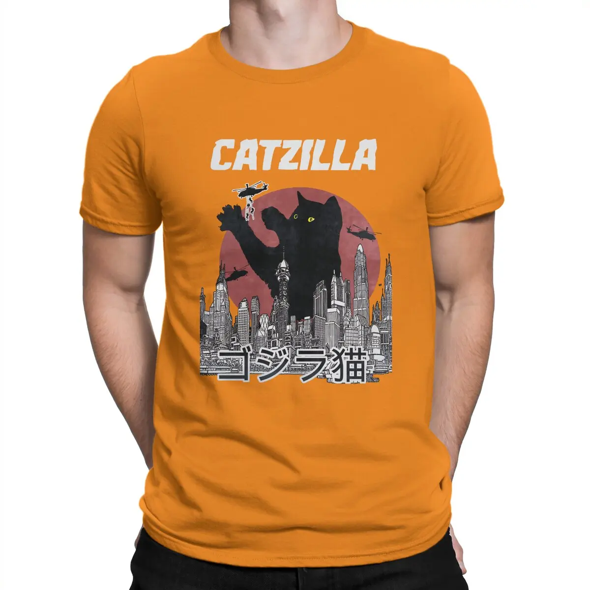 thumbnail image 1 of Camiseta Catzilla para hombre, estilo informal, de algodón, con cuello redondo y manga corta, con estampado de gato, 1 of 7