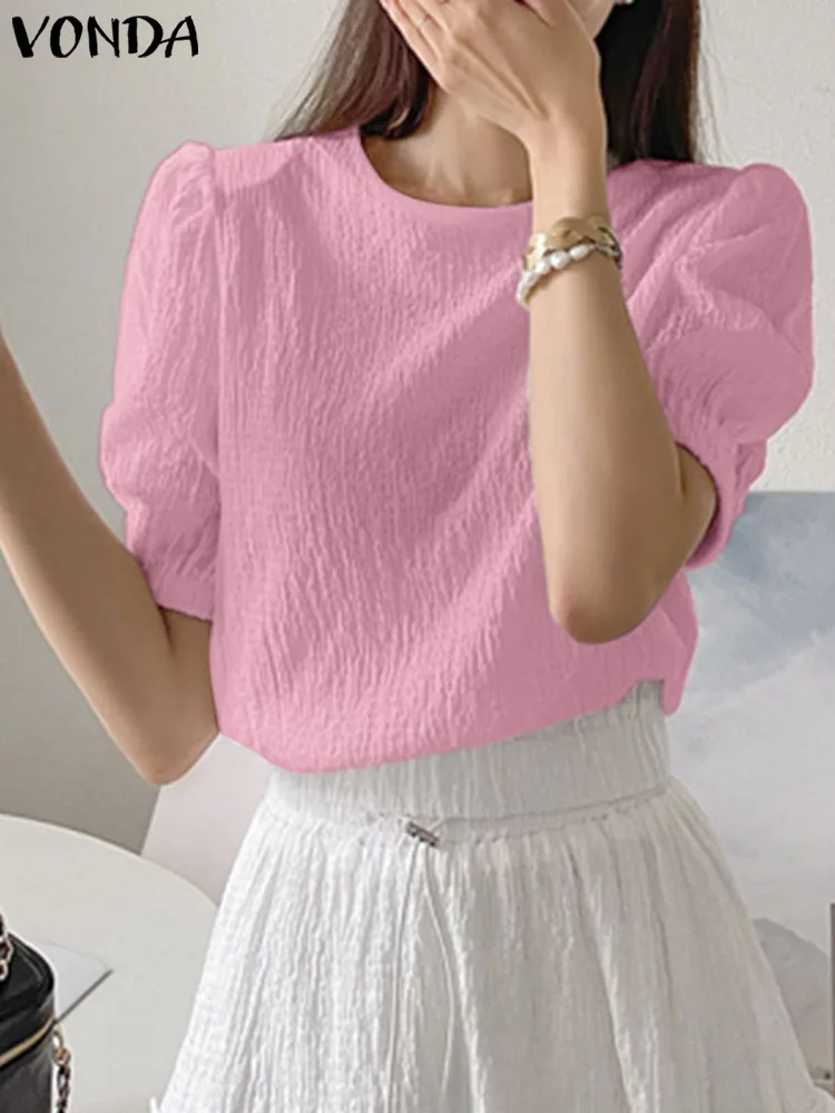 

VONDA Elegant Solid Color Tops 2023 Summer Short Sleeve Women Blouses Fashion O-Neck Casual Losose Shirts Ladies Office Blusas