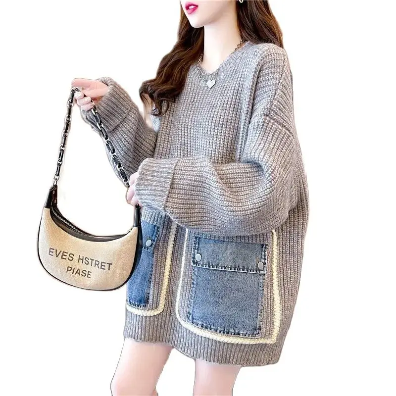 

Autumn Winter Mid-Long Pullover Women 2023 New Fashion Loose Knitting Tops Cowboy Pocket Round Collar Leisure Sweater Female