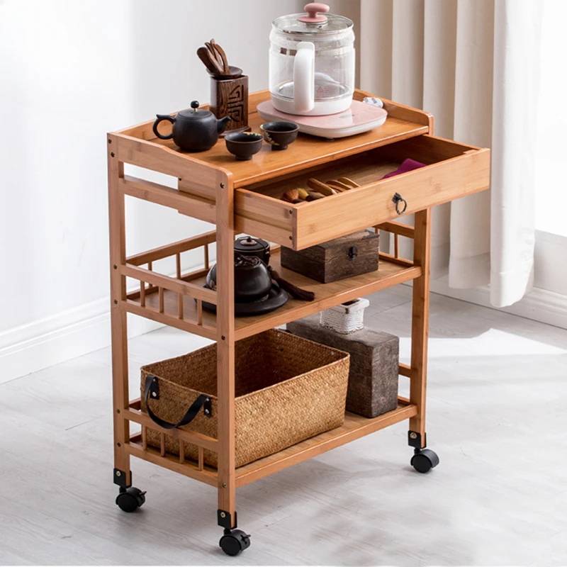 

Tier Bamboo Shelf Serving Table with Wheels Drawer Kitchen Storage Cart Bar Cart Chinese Wine Tea Island Trolley