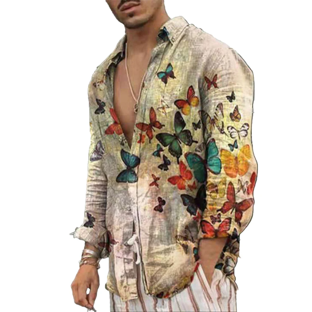 

Party Dress Mens Shirt Baroque Butterfly Printed Button Down Casual Green/Blue/Apricot Hawaiian Lapel Brand New