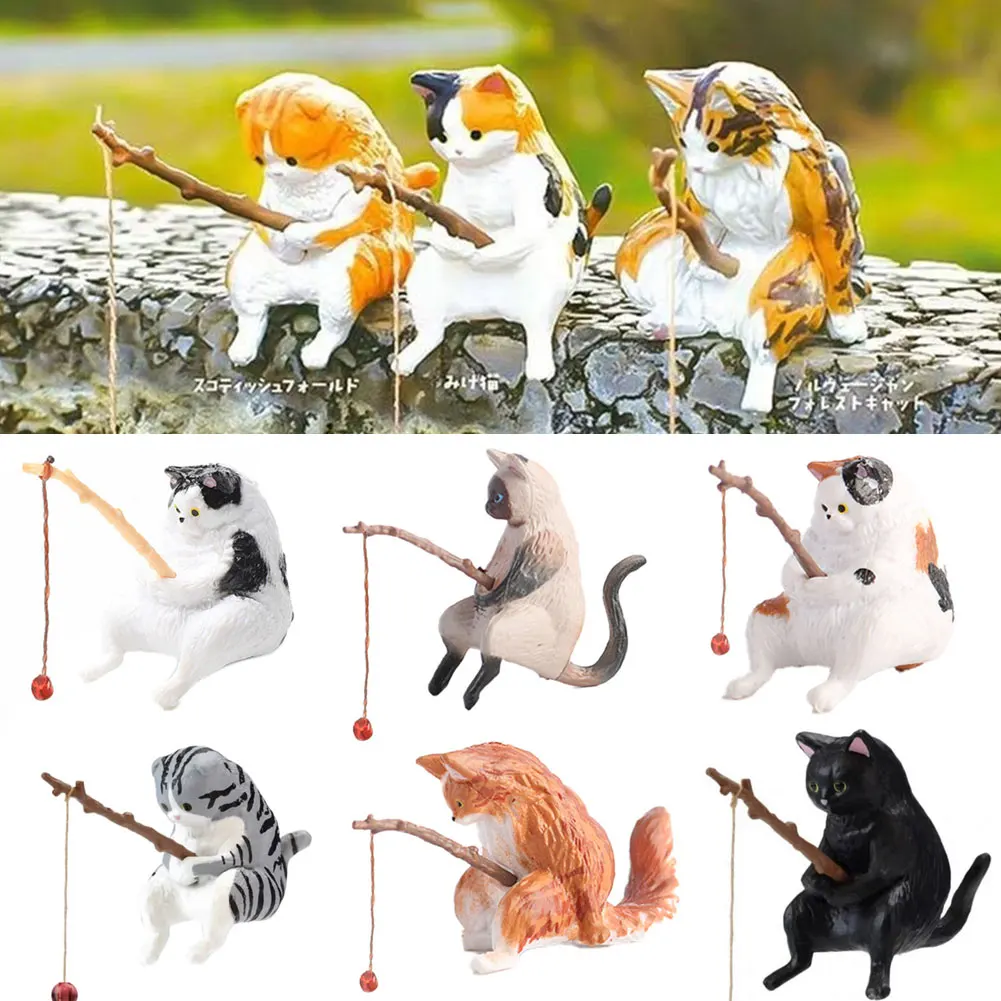 Cute Fishing Cat Ornaments Aquarium Decoration Fish Landscaping Cartoon Cat Statue Mini Resin Figurine Home Decorations