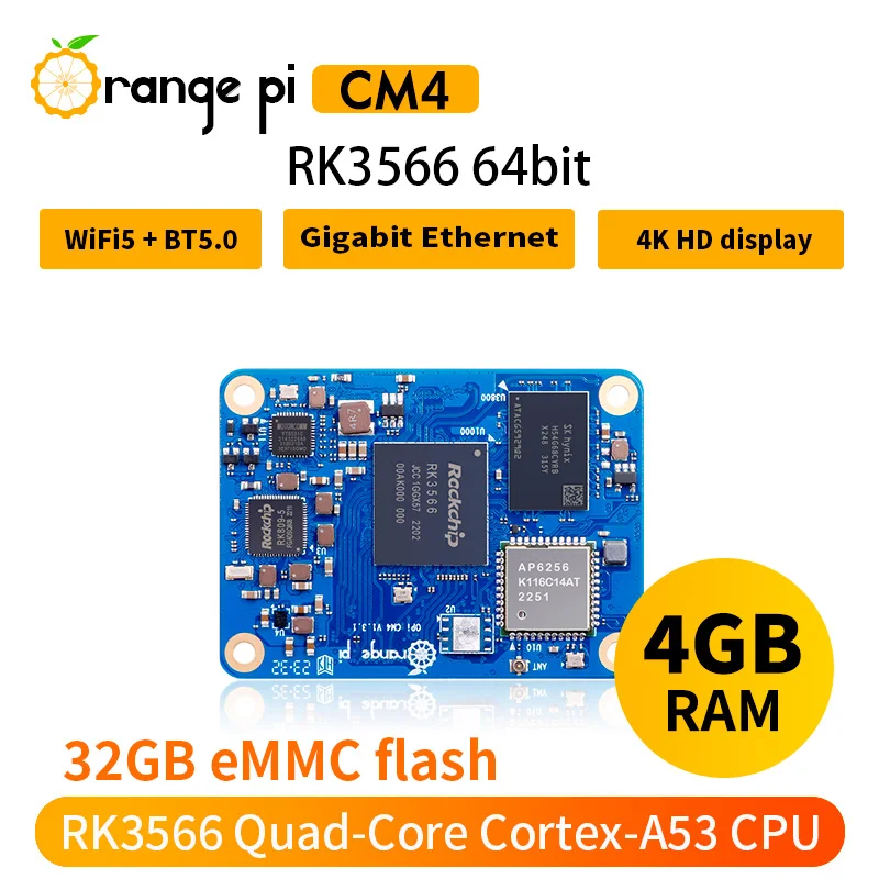 Orange Pi CM4 4GB Ram + Base Board RK3566 32GB Emmc WIFI5-BT5 Orangepi CM4 Run Android Ubuntu Debian Orange Pi Compute Module 4 Single Board Computer