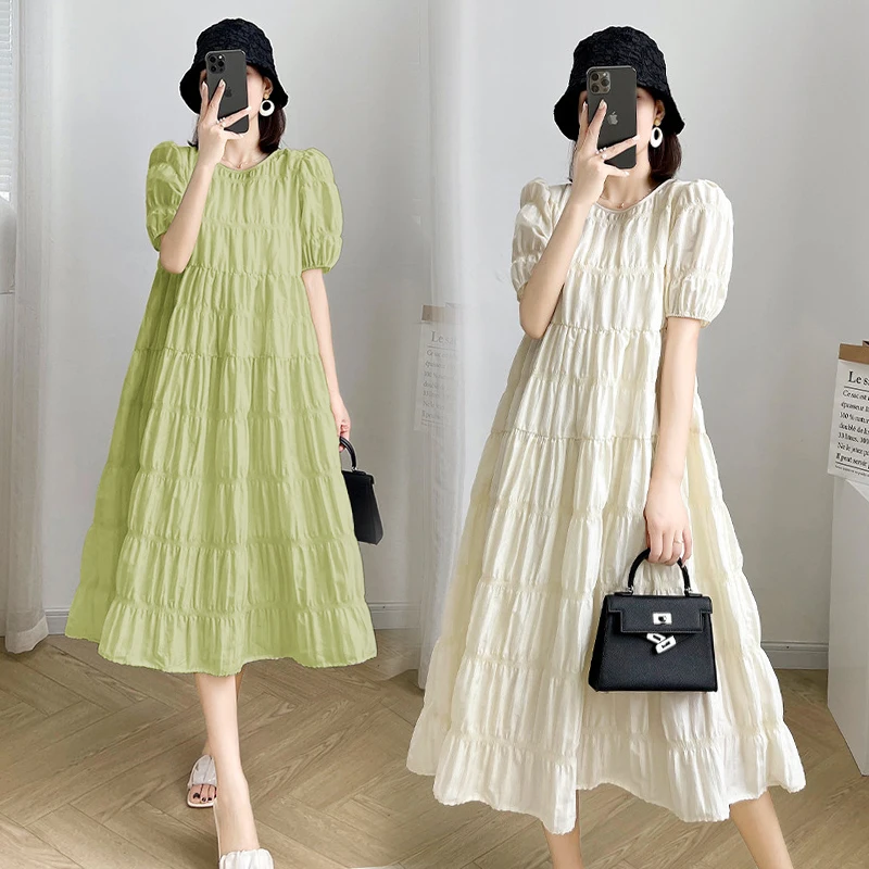 

2024 Summer Maternity Pleated Dress Solid Color Loose Pregnant Woman Long Dress Short Sleeve Plus Size Pregnancy Ball Gown Dress