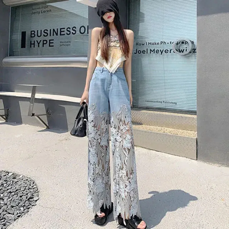 

Spring Summer2024 New High Waist Wide-Leg Pants New Joker Openwork Lace Stitching Denim Drape Pants Women's Loose Straight Pants