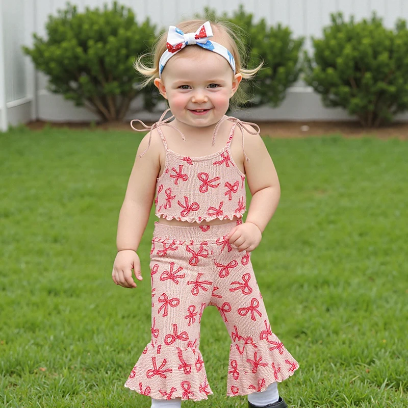 FOCUSNORM 0-5Y Schöne Kinder Mädchen Sommer Kleidung Sets Bowknot/Erdbeere Drucken Tie-Up Spaghetti Strap Tank Tops Flare Hosen – Detail 9
