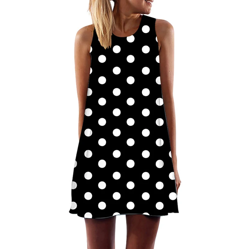 

Women's Polka Dot Printed Mini Dress 2023 Traf Woman Sleeveless Dresses Female Bohemian Loose Beach Sundress Tunic Tank Dress