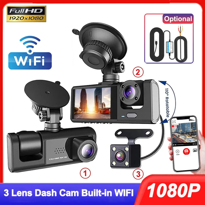 차량용 와이파이 대시 캠, 3 채널 녹음기 비디오, 차량 DVR 후면보기 카메라, 차량 블랙박스 하드웨어 키트, 자동차 액세서리 