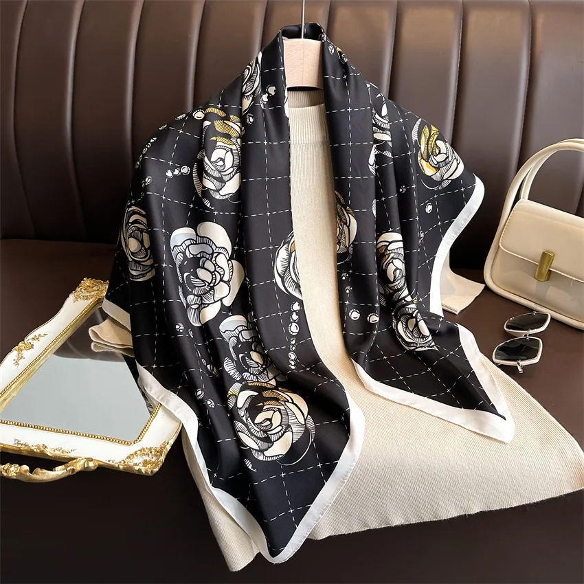 Women Fashion 90*90cm Print Silk Scarf Female Square Scarves Headband Foulard Ribbon Wraps Hairband Neckerchief Shawls Bandanna 1