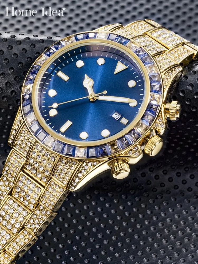 

Design Mens Luminous Watchs Luxury Diamonds Round Hip Hop Wristwatch Push Button Hidden Clasp Fashion Quartz Watch