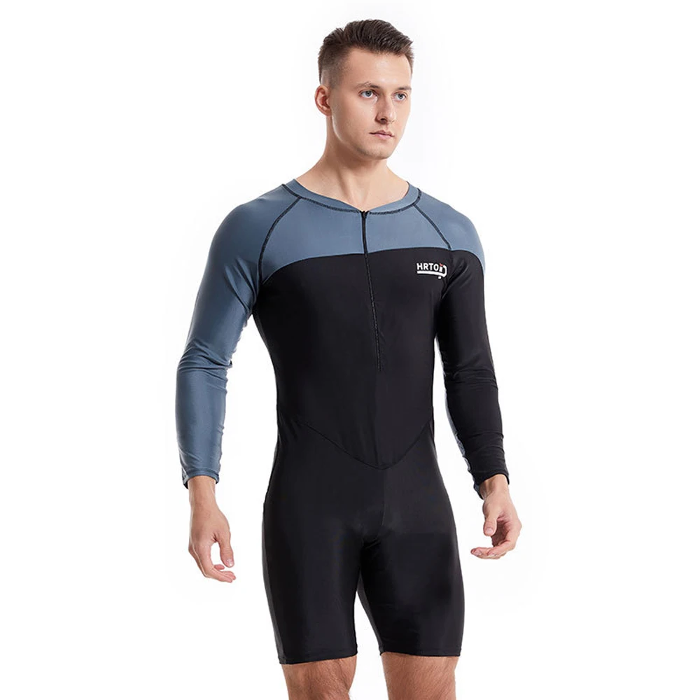Men's Long-sleeved One-piece Swimming Suit Beach Male Shorty Quick-drying Sun Protection Zip Swimsuit Surfing Suit Water Sports