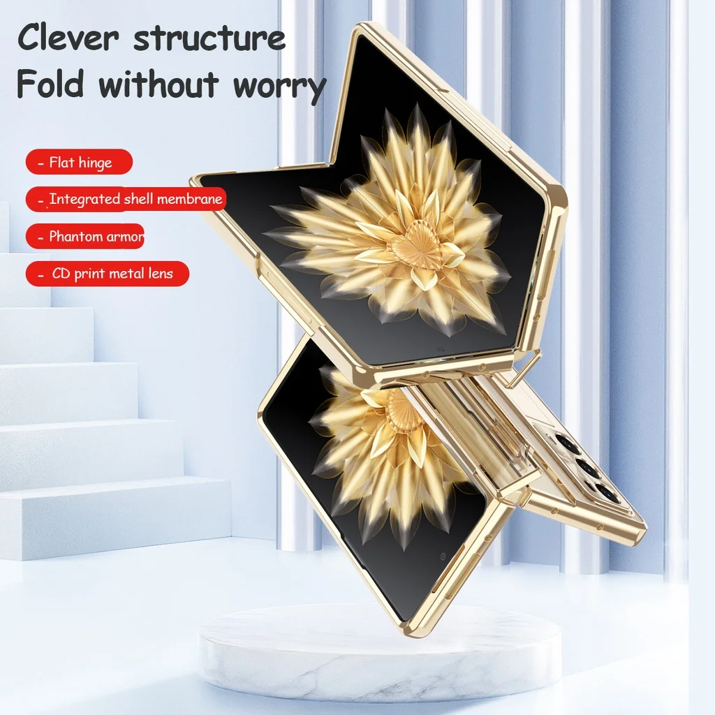 Leveling Hinge Case For Honor Magic V2 Plateing Hard Cover with Kickstand Camera Protection with Front Glass Wireless Charge