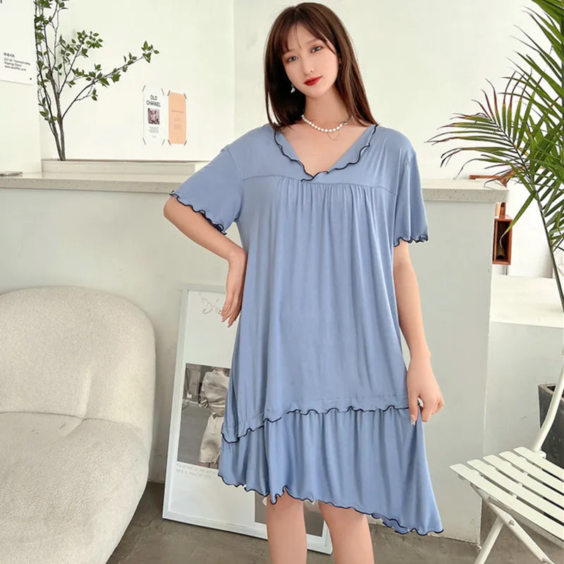 

Женская ночная рубашка с коротким рукавом, новая летняя одежда для сна из модала, Свободная Домашняя одежда, женская ночная рубашка большого размера