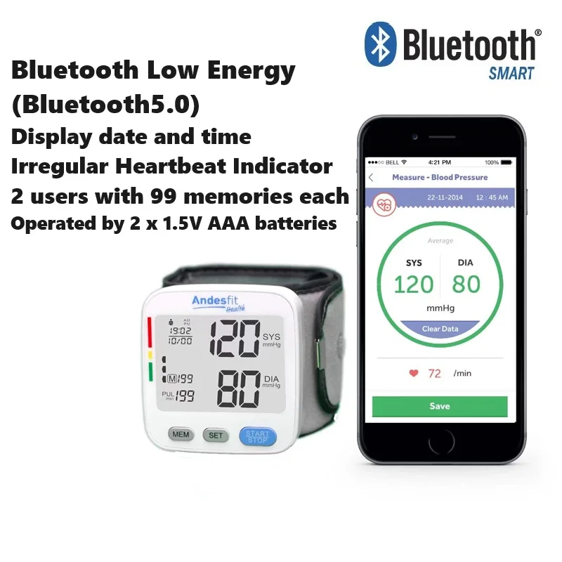 Bluetooth wrist Sphygmomanometer Automatic Electronic Blood Pressure Monitor Home Medical Measuring Large Screen Pressure Meter