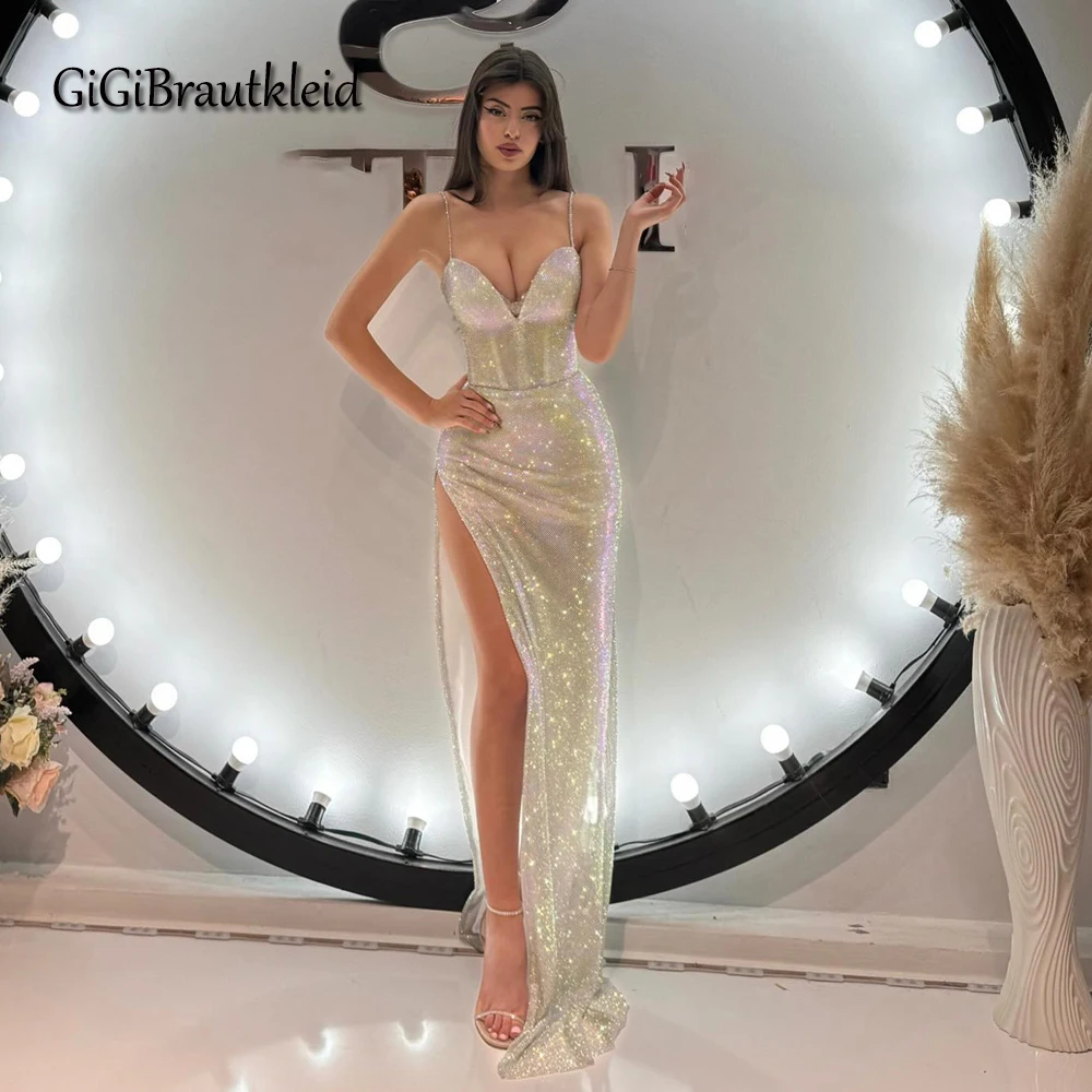 GiGiBraut Sparkly Sequin Occasion Dresses For Women Mermaid Slit Sleeveless Spaghetti Straps Robes De Soiree
