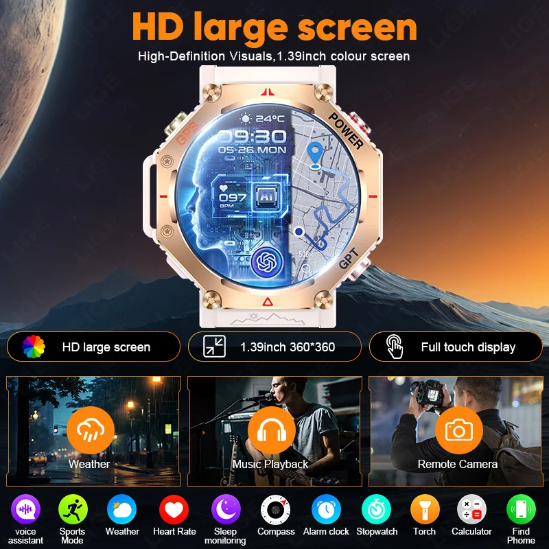 LIGE GPS Smart Watch Premium Military Bluetooth Call Outdoor Sports 3ATM Waterproof AMOLED 1.39 Inch Screen New Smartwatch Men