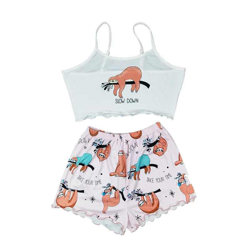 Sexy satin camisole shorts pajamas suit female imitation ice silk V-neck cool home clothes summer cartoon print girls sleepwear