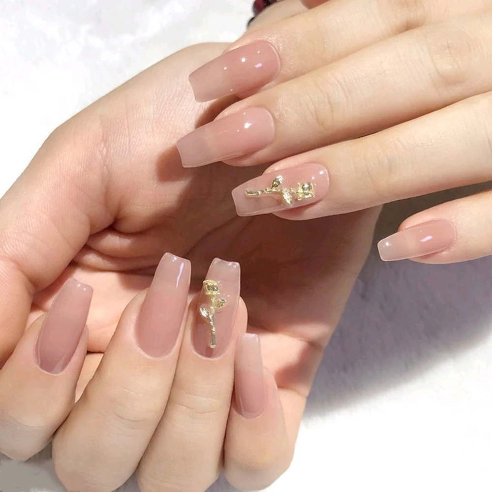 24PCS Nude Pink Color False Nail Patch For Lady Women Press on Nails with  Gld Rose Design Ballet Fake Nails full Finished - AliExpress