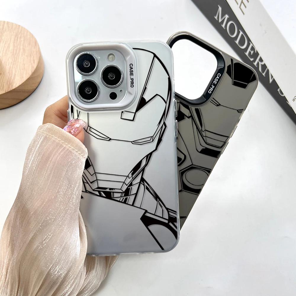 Custodia Per Telefono M-Marvels Irons Mans Per Iphone 13 12 11 15 14 Pro Max Plus Lens Bordo Creativo Placcato Argento All'Interno Della Cover Rigida 