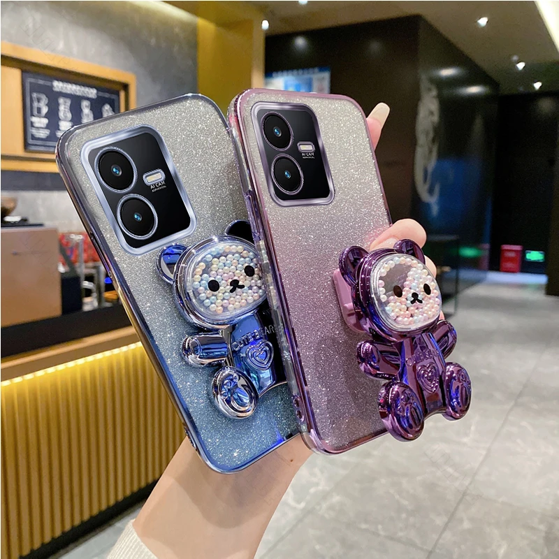 Glitter Bling Bear Silicone Phone Holder Case - Stylish Stand Back Cover