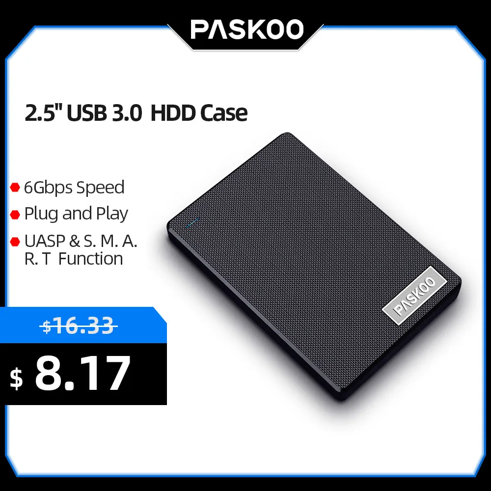 

Корпус для жесткого диска PASKOO, 2,5 дюйма, USB 3,0, 2,5 дюйма, Серийный порт SATA SSD, поддержка 6 Тб, для Seagate Toshiba Fujitsu 2,5 дюйма, бокс для жесткого диска
