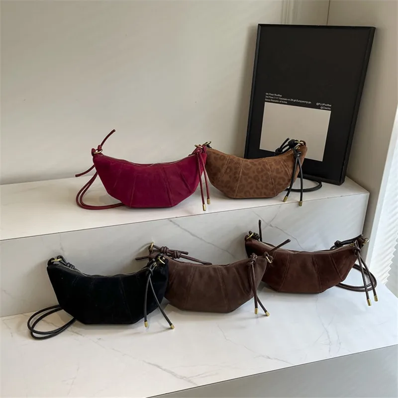 Suede Crescent Mini Bags Stylish Drawstring Design, Leopard Solid Hues, Gold Accents Compact, Trendy Versatile for Casual Outfit