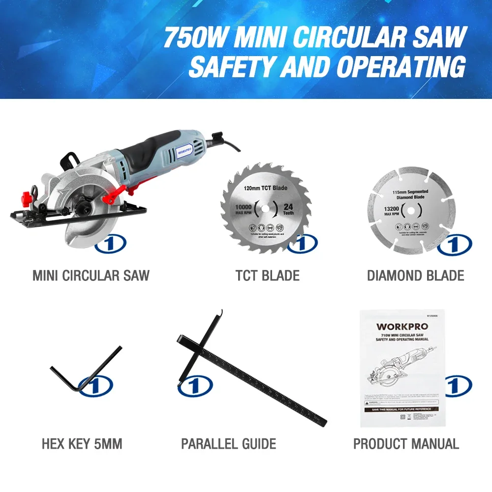 WORKPRO 750W Electric Mini Circular Saw Power Tools Multifunctional Electric Saw With TCT Blade and Diamond Blade Sawing Machine