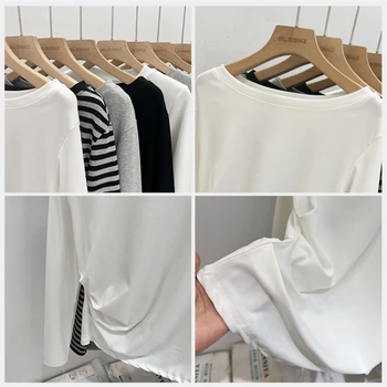Harajuku ملابس علوية من القطن عادية المحاصيل القمم خمر مخطط سليم تي شيرت المرأة 2025 الصيف Y2k الشارع الشهير س الرقبة طويلة الأكمام تي شيرت 6