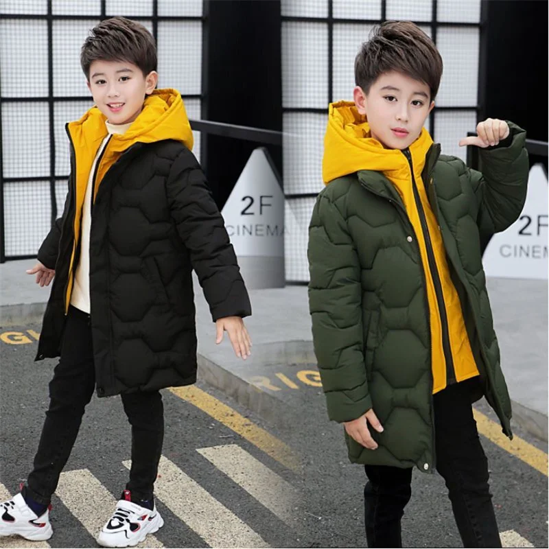 

2023 Boys Winter Thick Coat Teen Parka Children Plus Velvet Warm Jackets Fashion Hooded Outwear Kids Clothes 6-14Y