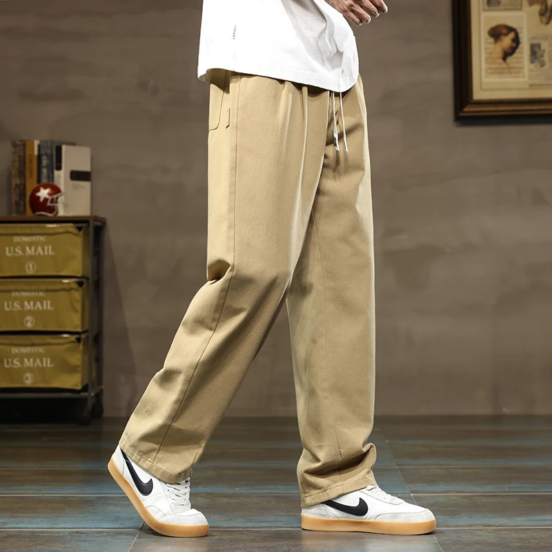 100% Cotton Men's Loose Wide Leg Pants Elastic Waist Fashion ArmyGreen Khaki Korean Streetwear Autumn Straight Trousers 5