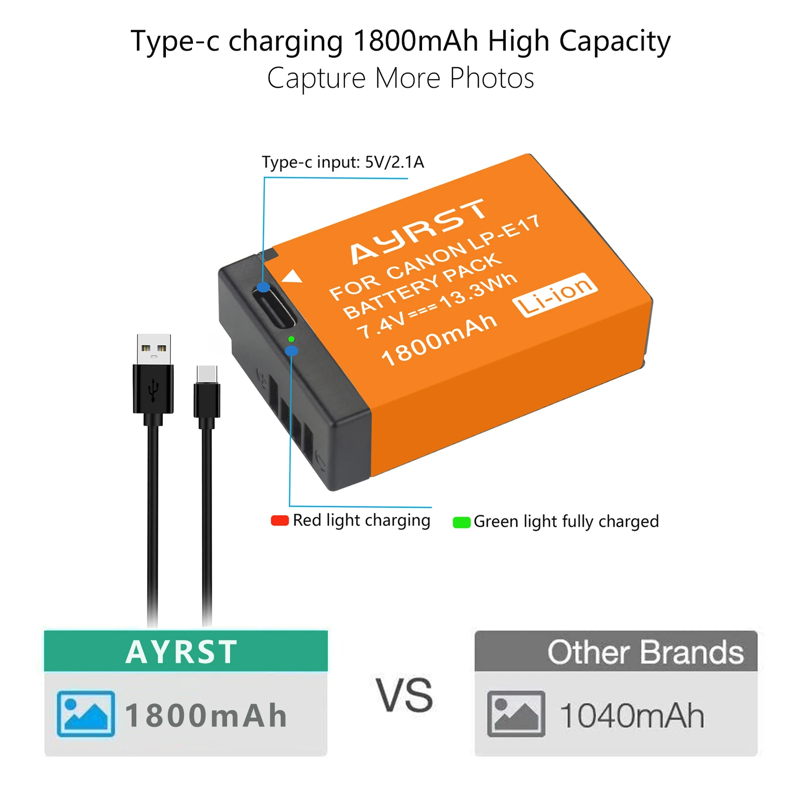 Bateria com Entrada Usb-c para Canon 1800mah Lpe17 lp E17 Lp-e17 Eos 200d m3 m6 750d 760d T6i T6s 800d 8000d Câmeras X8i do Beijo - Image 3