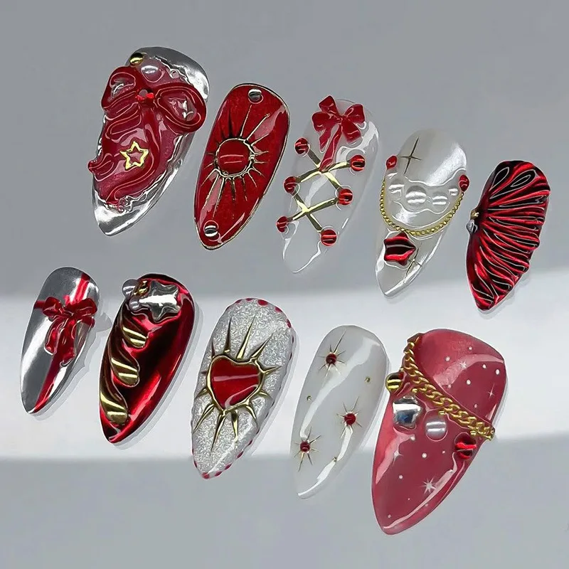 24개 버건디 아몬드 모양 가짜 손톱, 3D 실버 나비 장미꽃 진주 장식, 여성용 프레스온 네일 아트