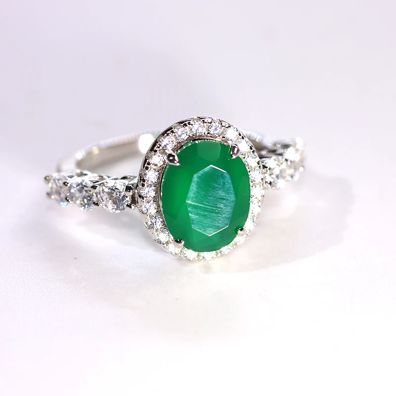 

Hot Sell Ring Hip Hop Luxury 925 Silver Jewelry Green Agate And Zircon Can Be Customized