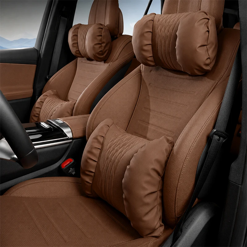 Premium Soft Nappa Leather Ergonomic Car Headrest and Lumbar Support Cushion Set