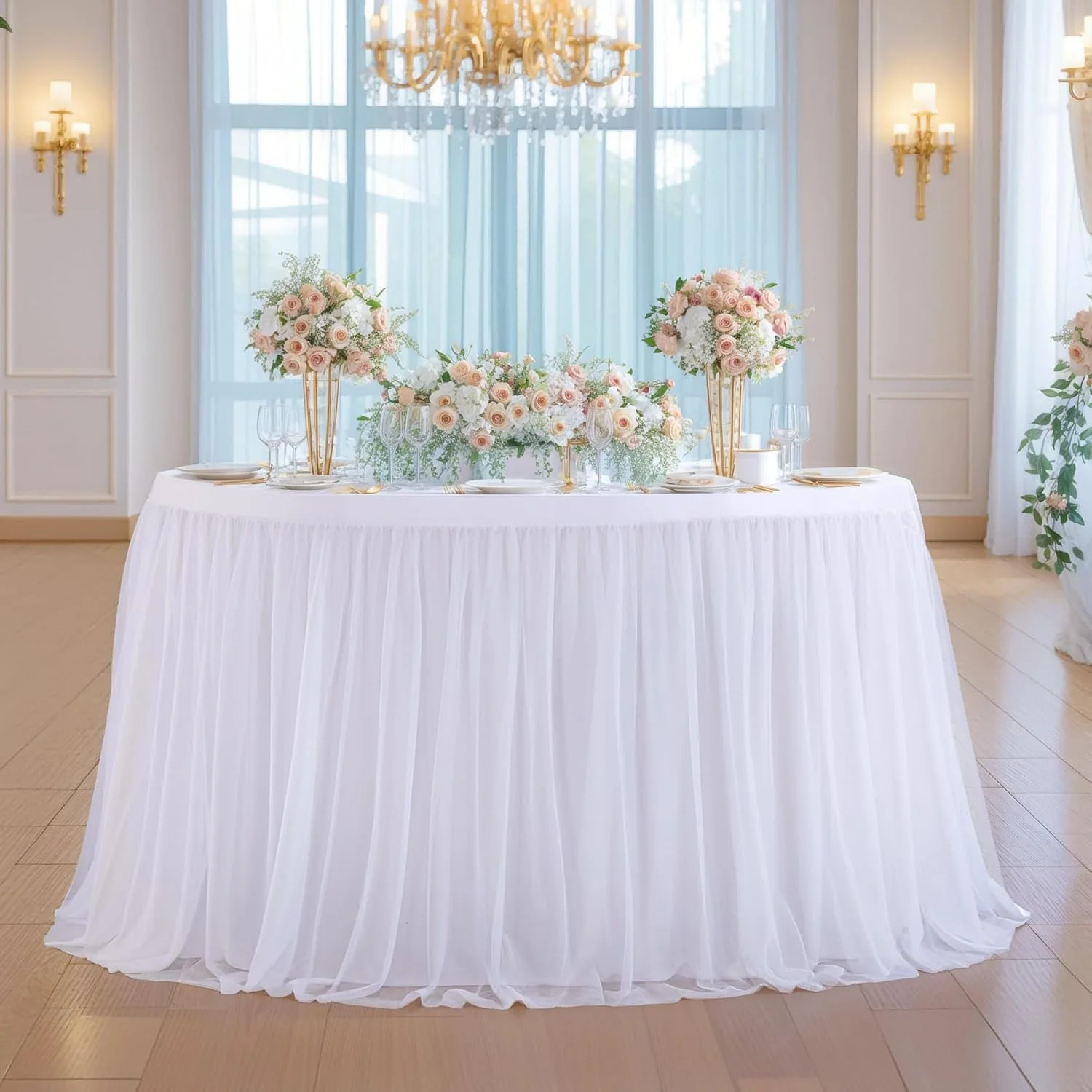 Round Tulle Table Skirt for Wedding Party Table Skirt Spandex Stretch Fitted Cover for Baby Shower Banquet Decoration