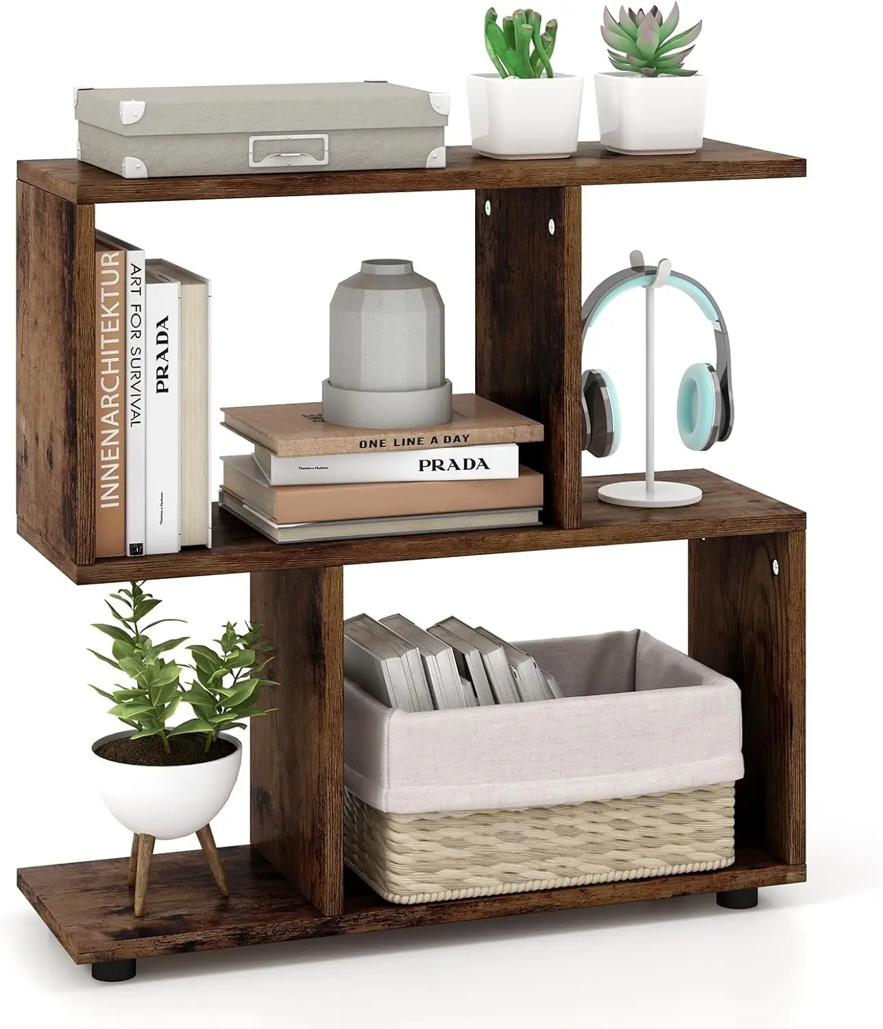 

2 Tier Geometric Bookshelf, Freestanding Wood Display Shelf, Home Office Decor Room Divider S Shaped Open Bookcase