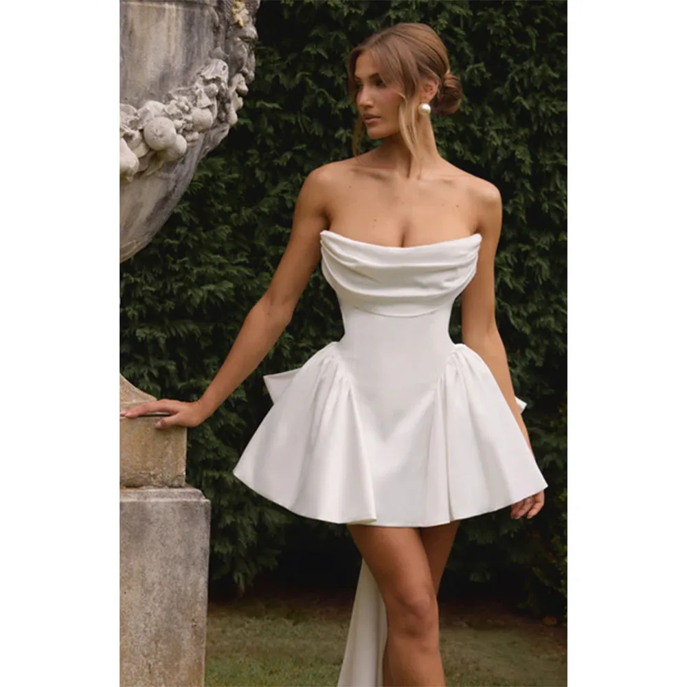 White Strapless Mini Prom Dresses 2025 Ruched Neck Sleeveless Evening Dress Luxury Satin Lace-up Customized Party Gown with Bow