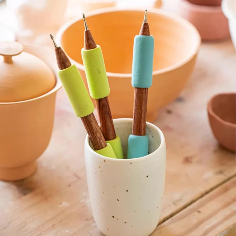 Pottery Double-headed Carving Needle Wooden Handle Clay Sculpture Carving Needle DIY Ceramic Texture Flower-shaped Ceramic Tool