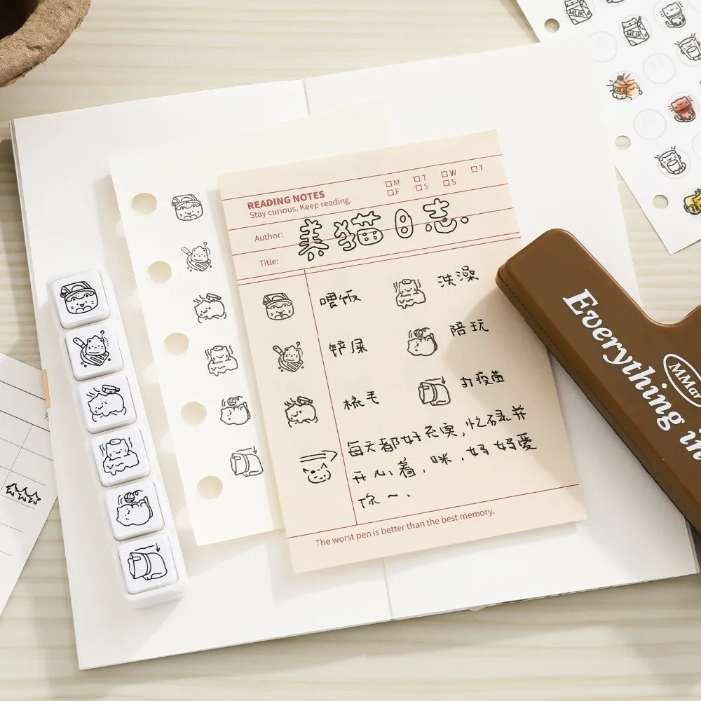 6pcs 귀여운 디자인 고양이 감정 스탬프 플라스틱 손잡이 일상 생활 시리즈 스크랩북 스탬프 흰색 미니 사이즈 고무 스탬프 DIY 공예
