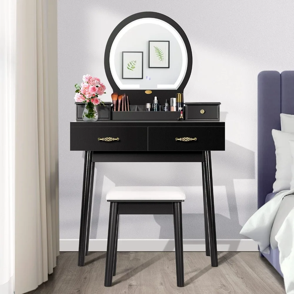 

VIVOHOME Vanity Set with 3-Color Dimmable Lighted Mirror, Makeup Dressing Table with Drawers, Padded Stool, Black